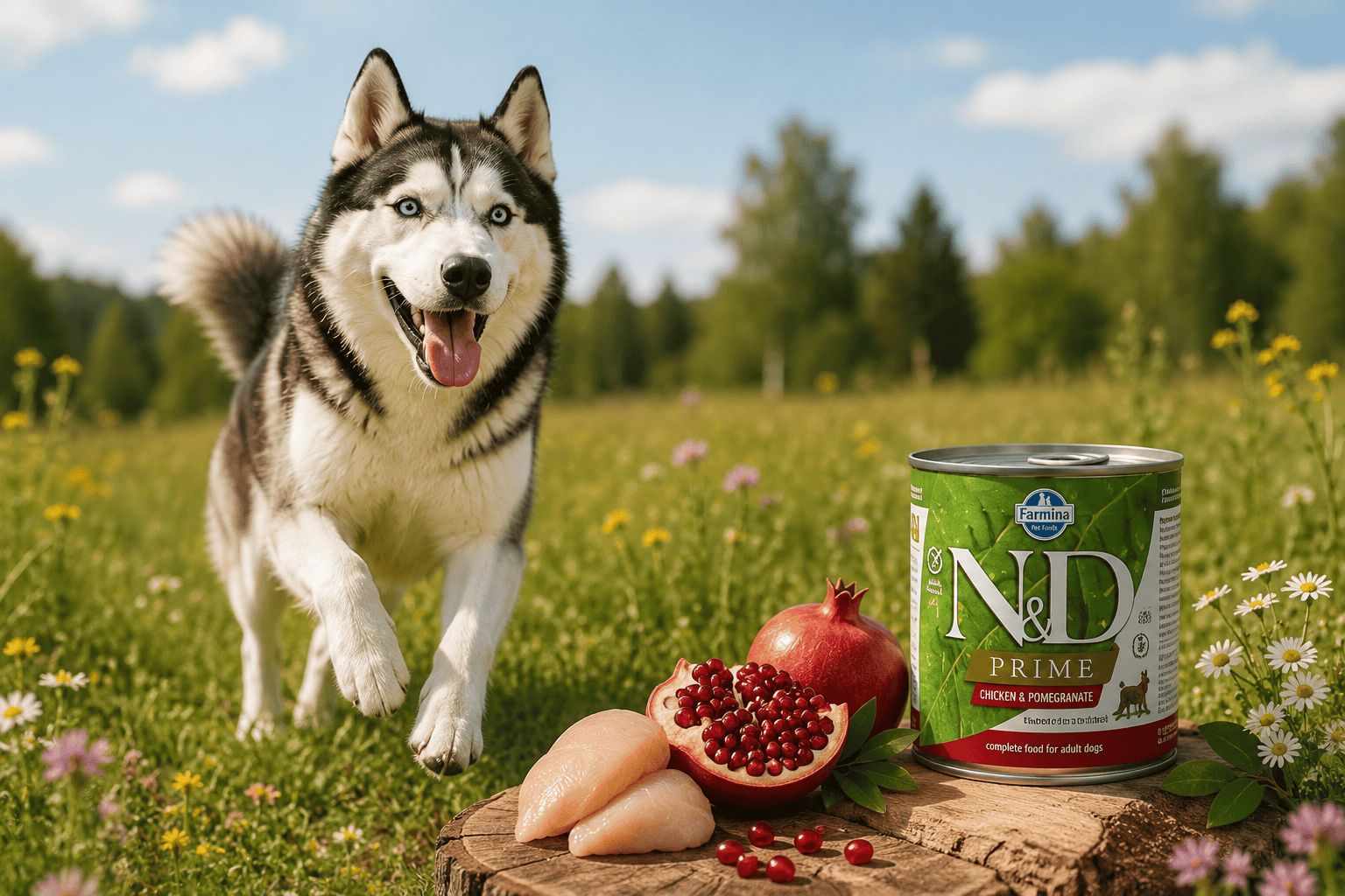 šťastný husky na slunné louce